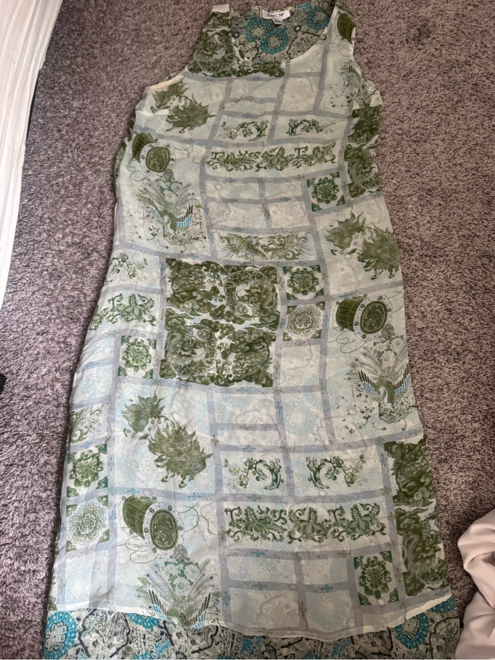 Vintage VTG Citron 100% silk Light Green Patterned Maxi dress sz L